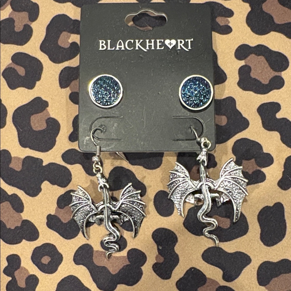 Blackheart Silver Dragon Earrings & Blue eartings set